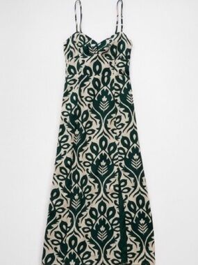 American Eagle Outfitters Corset Midi Dress with Dark Green Print